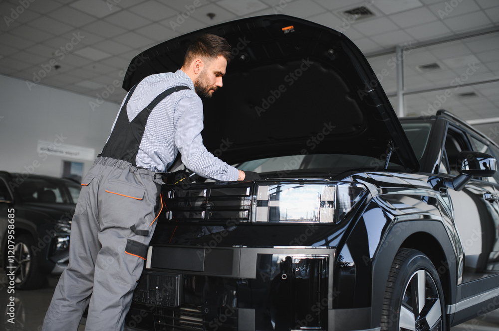 Poster troubleshooting process. auto mechanic working in garage. repair service