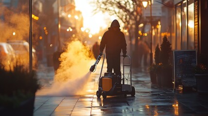 Street cleaner working at dawn surrounded by rising mist