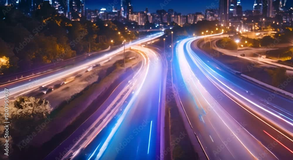 Aufkleber light trails are speeding across a highway at night with glowing dots on the side creating a futuris