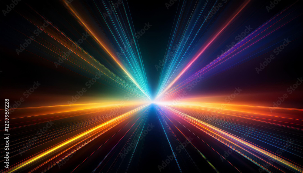 Poster abstract image of colorful light beams at a central point on a dark background. illustration of high
