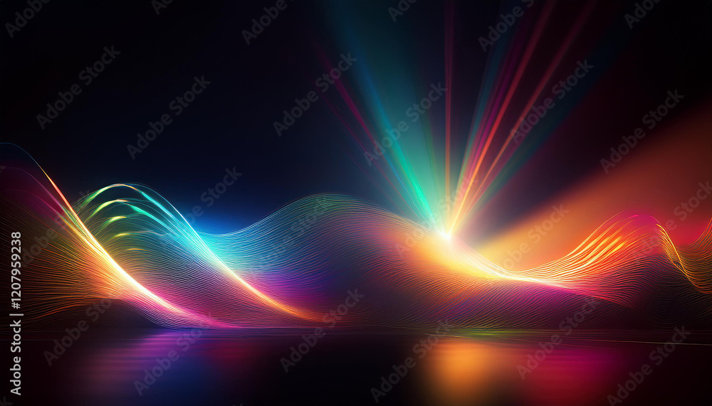 Poster abstract image of colorful light beams at a central point on a dark background. illustration of high