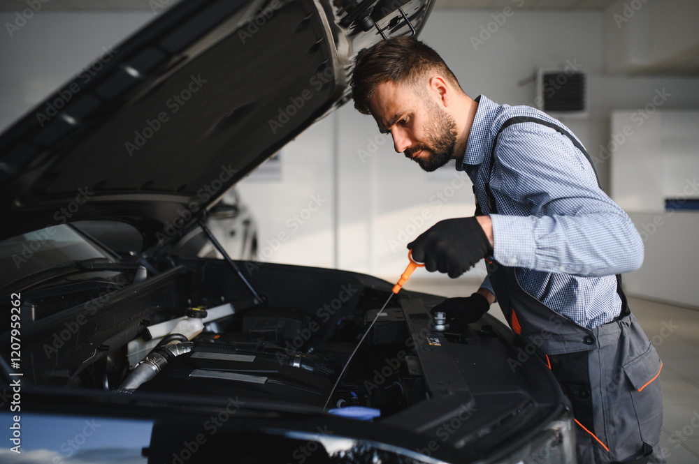 Poster Troubleshooting process. Auto mechanic working in garage. Repair service
