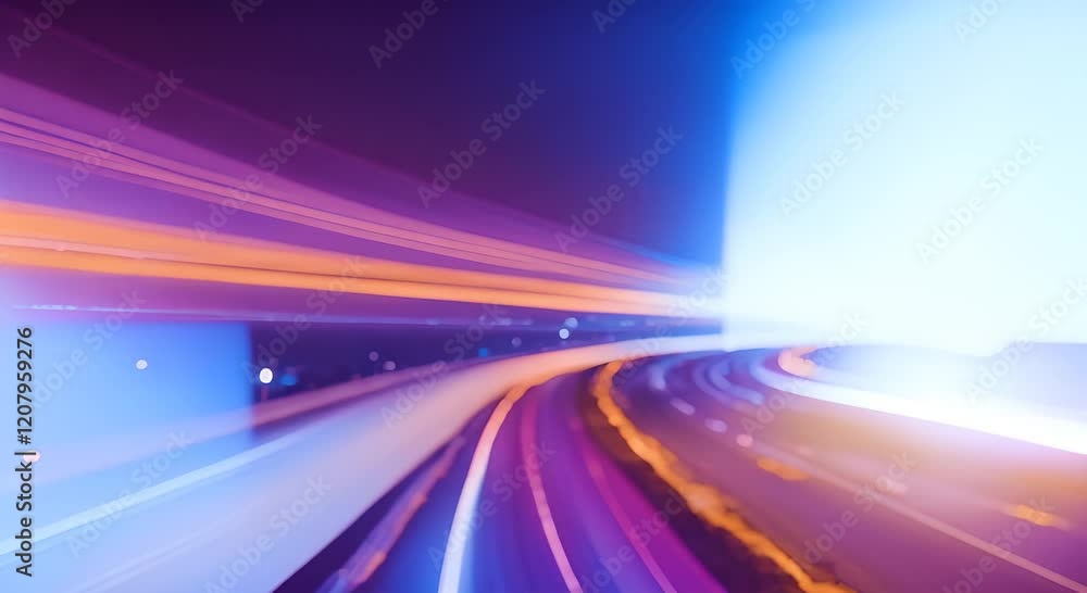 Aufkleber light trails are speeding across a highway at night with glowing dots on the side creating a futuris