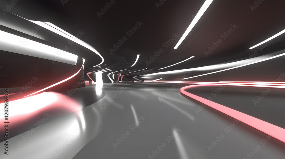 Poster a digital rendering of light trails flowing through space-time, bending and shifting in different di