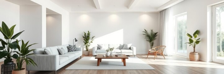 Clean-lined living area with minimal ornamentation, contemporary style, calm ambiance, minimalist decor