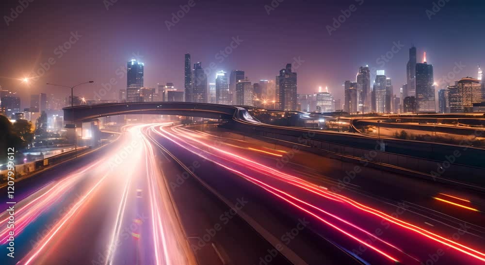 Aufkleber light trails are speeding across a highway at night with glowing dots on the side creating a futuris