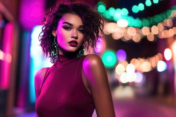 Elegant young african female in vibrant night scene with bokeh lights