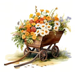 Wheelbarrow with Flowers clipart. Watercolor illustration. Hand-Painted Digital Artwork
