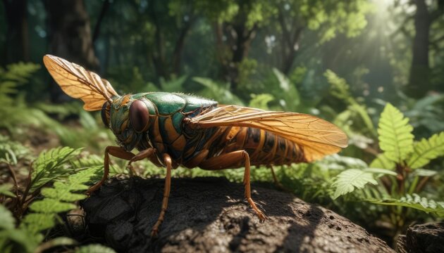 Cicada Cicadetta pellosoma in the undergrowth , forest floor, insect biology