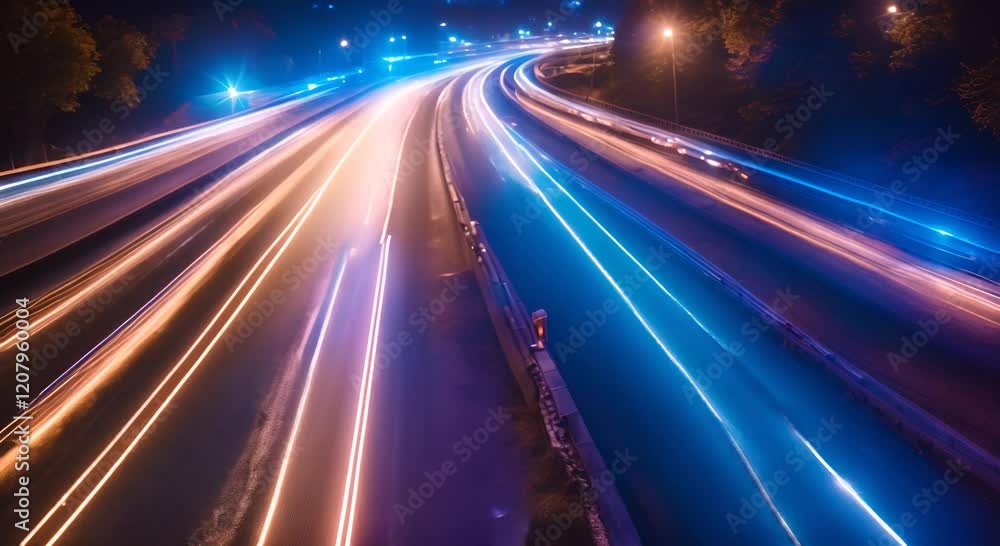 Aufkleber light trails are speeding across a highway at night with glowing dots on the side creating a futuris