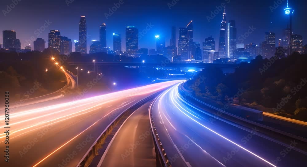 Aufkleber light trails are speeding across a highway at night with glowing dots on the side creating a futuris