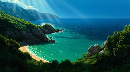 Fototapeta premium Serene Coastal Landscape with Lush Green Hills and Tranquil Waters