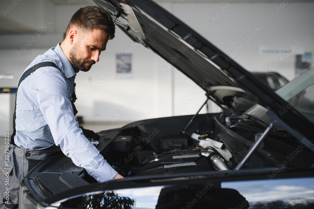 Poster Troubleshooting process. Auto mechanic working in garage. Repair service