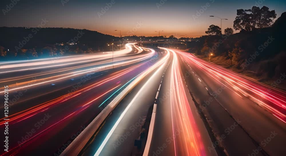 Aufkleber light trails are speeding across a highway at night with glowing dots on the side creating a futuris