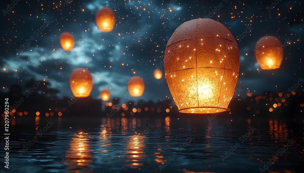 Aufkleber beautiful night scene with glowing lanterns floating above a tranquil water surface, illuminated by 