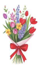 Obraz premium PNG Flower bouquet wrapped in paper with red ribbons flowers illustration decorative.