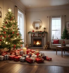 Christmas decorations scattered around a cozy living room, Holiday atmosphere, Fun and playful, Decorative item