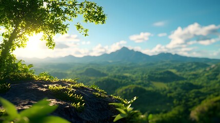 Obraz premium Serene Green Landscape with Mountains and Sunlight in Background