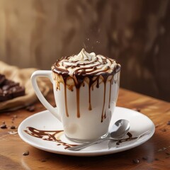 Chocolate drizzle on top of a cup of coffee with milk swirl , food, dessert, drizzle