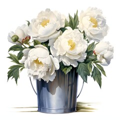 White Peonies Bouquet In Bucket clipart. Watercolor illustration. Hand-Painted Digital Artwork