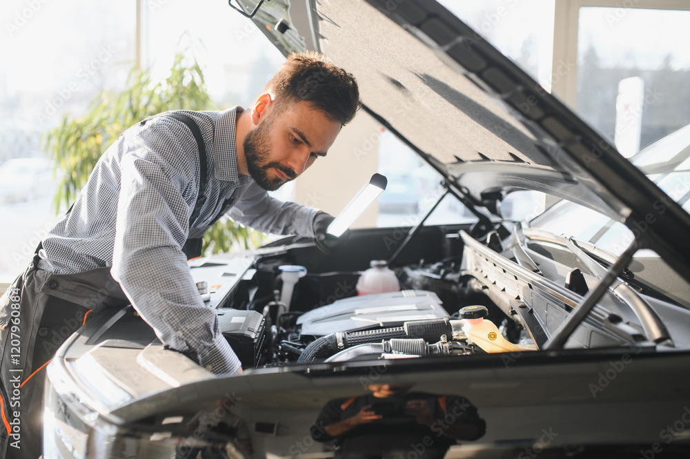 Aufkleber troubleshooting process. auto mechanic working in garage. repair service