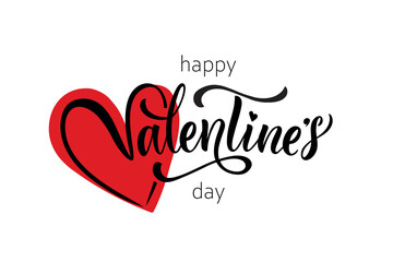 Happy Valentine's Day handwritten text. Hand lettering typography, modern brush ink calligraphy with pink heart. Vector colorful illustration. Concept for greeting card, banner, poster, print