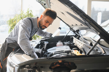 Troubleshooting process. Auto mechanic working in garage. Repair service