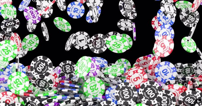 Casino Tokens, Poker Chips falling and fill the screen. 3D animation on transparent background