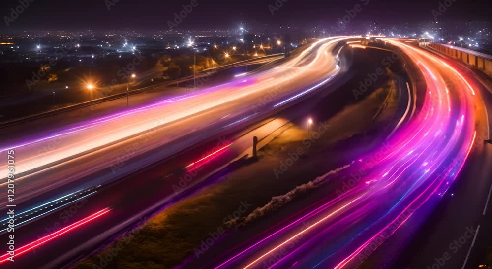 Aufkleber light trails are speeding across a highway at night with glowing dots on the side creating a futuris