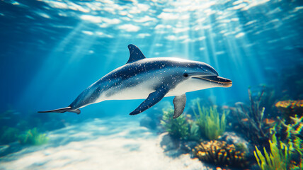 Naklejka premium Close-up of a single dolphin underwater, Rays of sunlight penetrating the surface