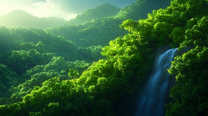 Serene Waterfall Amidst Lush Greenland During Golden Hour