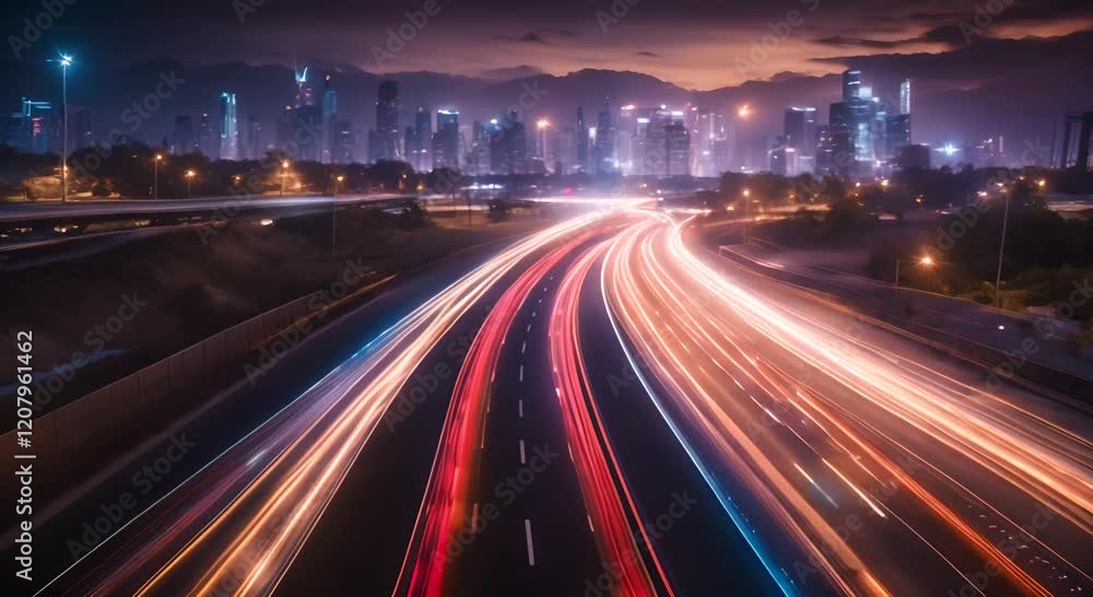 Poster light trails are speeding across a highway at night with glowing dots on the side creating a futuris