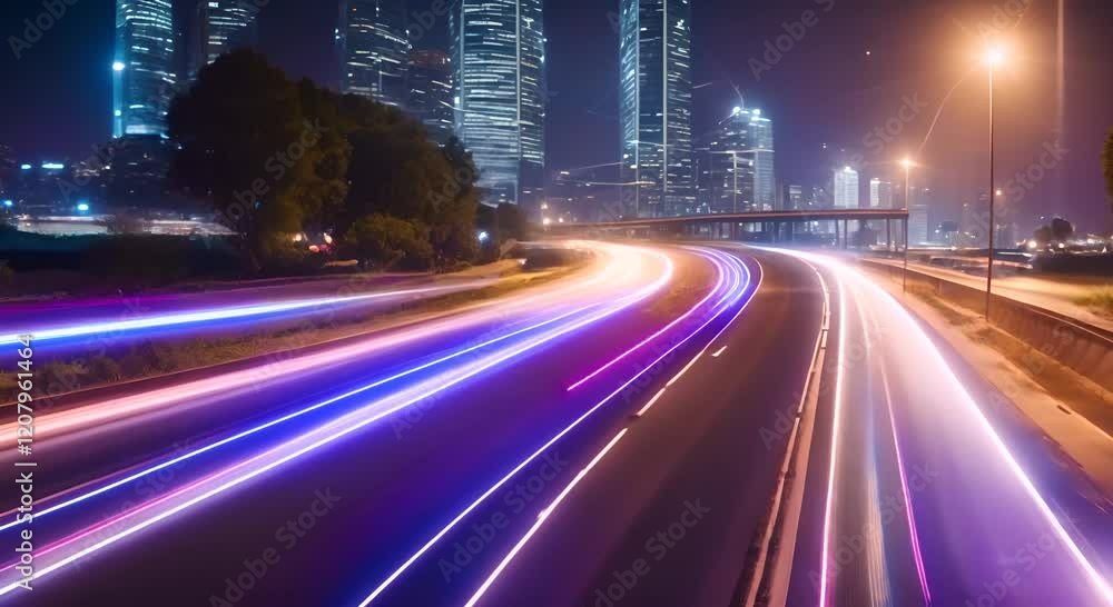 Aufkleber light trails are speeding across a highway at night with glowing dots on the side creating a futuris