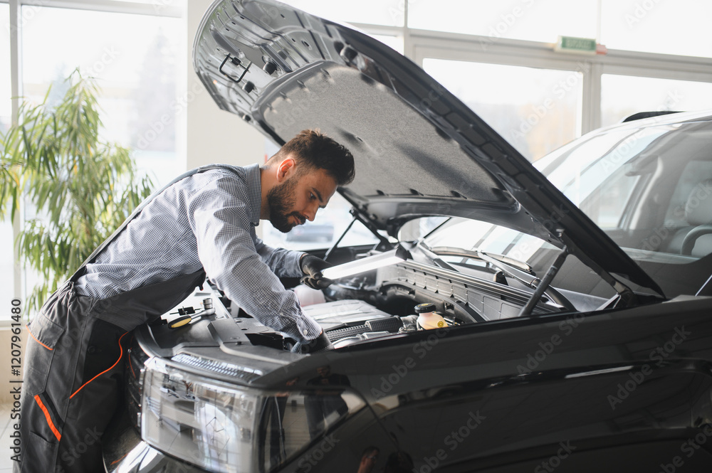 Poster troubleshooting process. auto mechanic working in garage. repair service