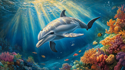 Fototapeta premium Close-up of a single dolphin underwater, Rays of sunlight penetrating the surface