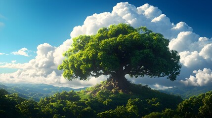 Obraz premium Majestic Green Tree on Hilltop Under Dramatic Cloudy Sky