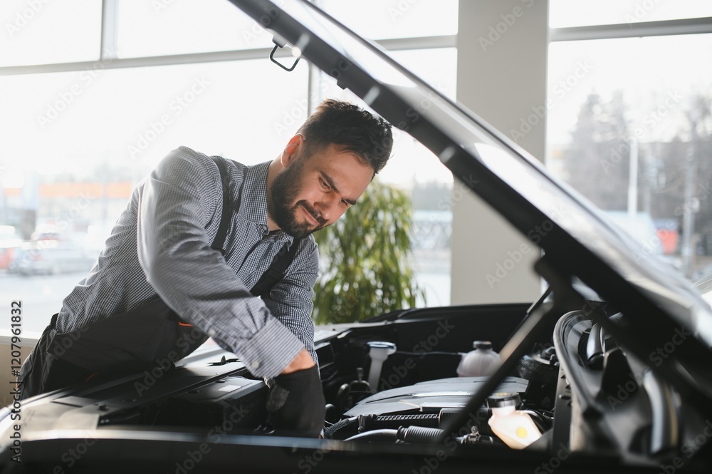 Poster Troubleshooting process. Auto mechanic working in garage. Repair service