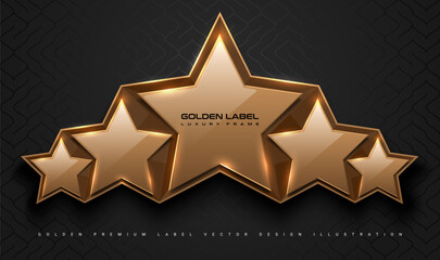 Fototapeta premium Gold glossy 5 star top rank logo badge frame. Luxury polygonal stone sign, golden rim border, black background. Abstract vector premium achievement five star glass icon. Reflection gold light effect