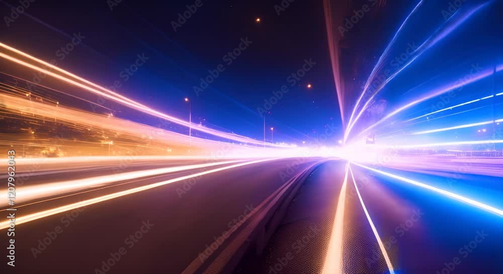 Aufkleber light trails are speeding across a highway at night with glowing dots on the side creating a futuris