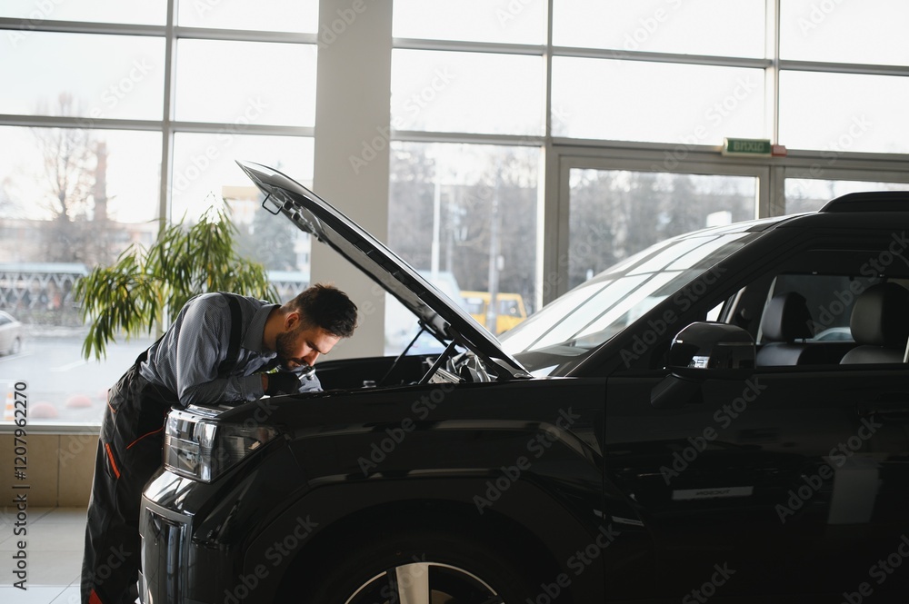 Poster troubleshooting process. auto mechanic working in garage. repair service