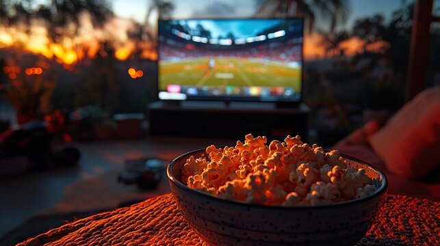 Outdoor football viewing at sunset with popcorn