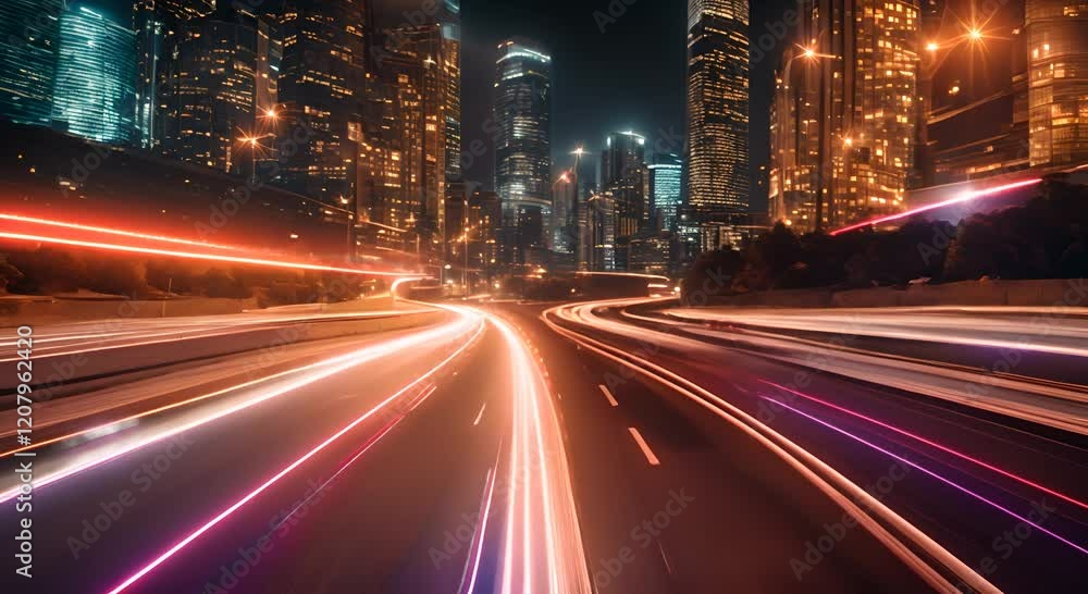 Aufkleber light trails are speeding across a highway at night with glowing dots on the side creating a futuris