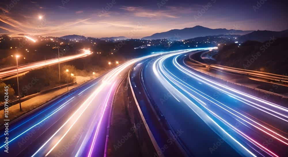 Aufkleber light trails are speeding across a highway at night with glowing dots on the side creating a futuris
