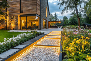 Fototapeta premium Modern house exterior at night with illuminated garden pathway and landscaping generative AI