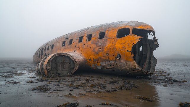 Abandoned plane wreckage on a foggy deserted beach