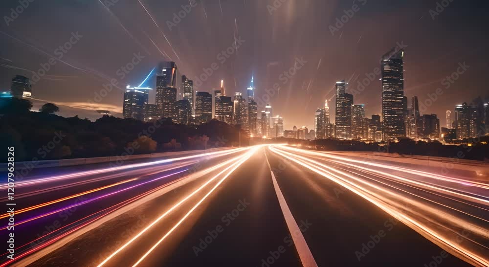 Aufkleber light trails are speeding across a highway at night with glowing dots on the side creating a futuris