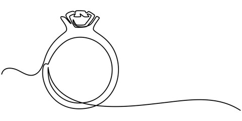 Wedding Ring, Diamond Ring Continuous Line Icon, Continuous one line drawing of wedding ring. One line drawing illustration of ring for engagement. Romantic engagement concept continuous line art.