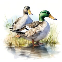 Obraz premium Wildlife Mallard Ducks clipart. AI Watercolor Art illustration. Detailed illustration