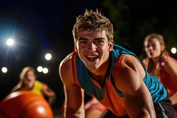 Fototapeta premium Caucasian young male athlete in outdoor fitness training session at night