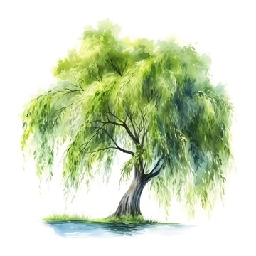 Willow Tree Breeze clipart. Creative Generative Watercolor illustration. Detailed illustration